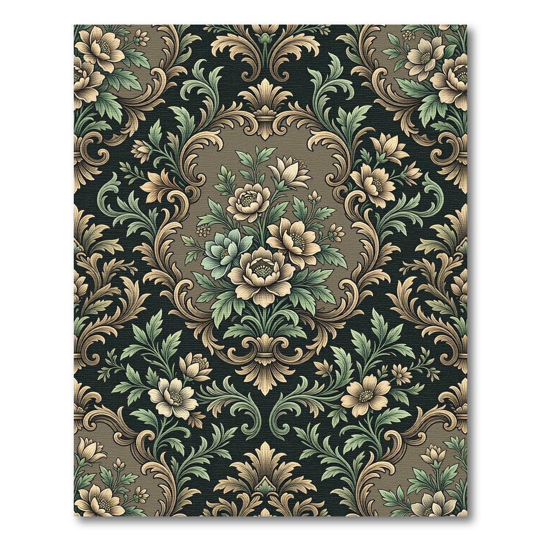 Elegant Dark Floral Damask Scroll Rug