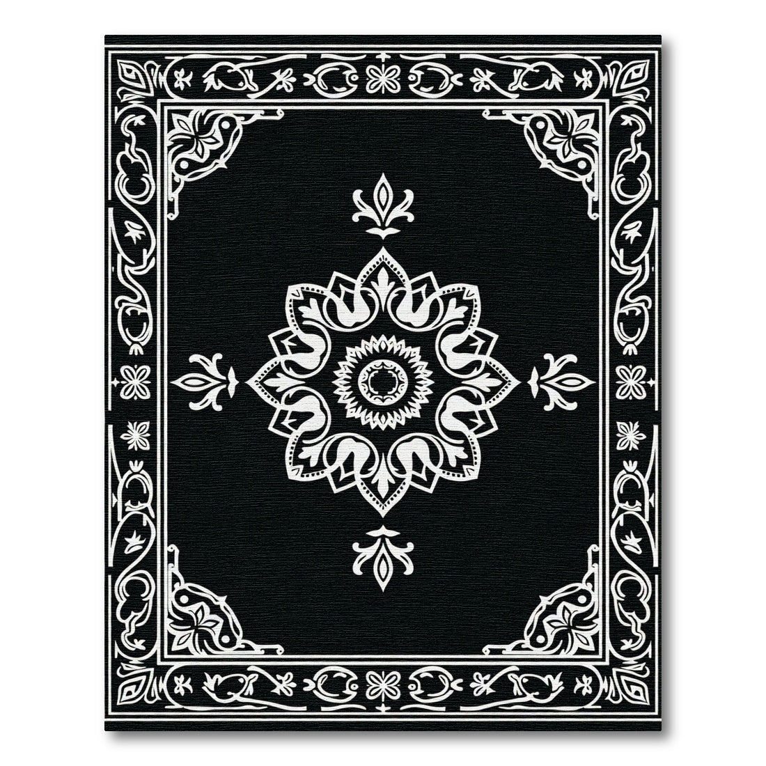 Black White Ornamental Floral Medallion Rug