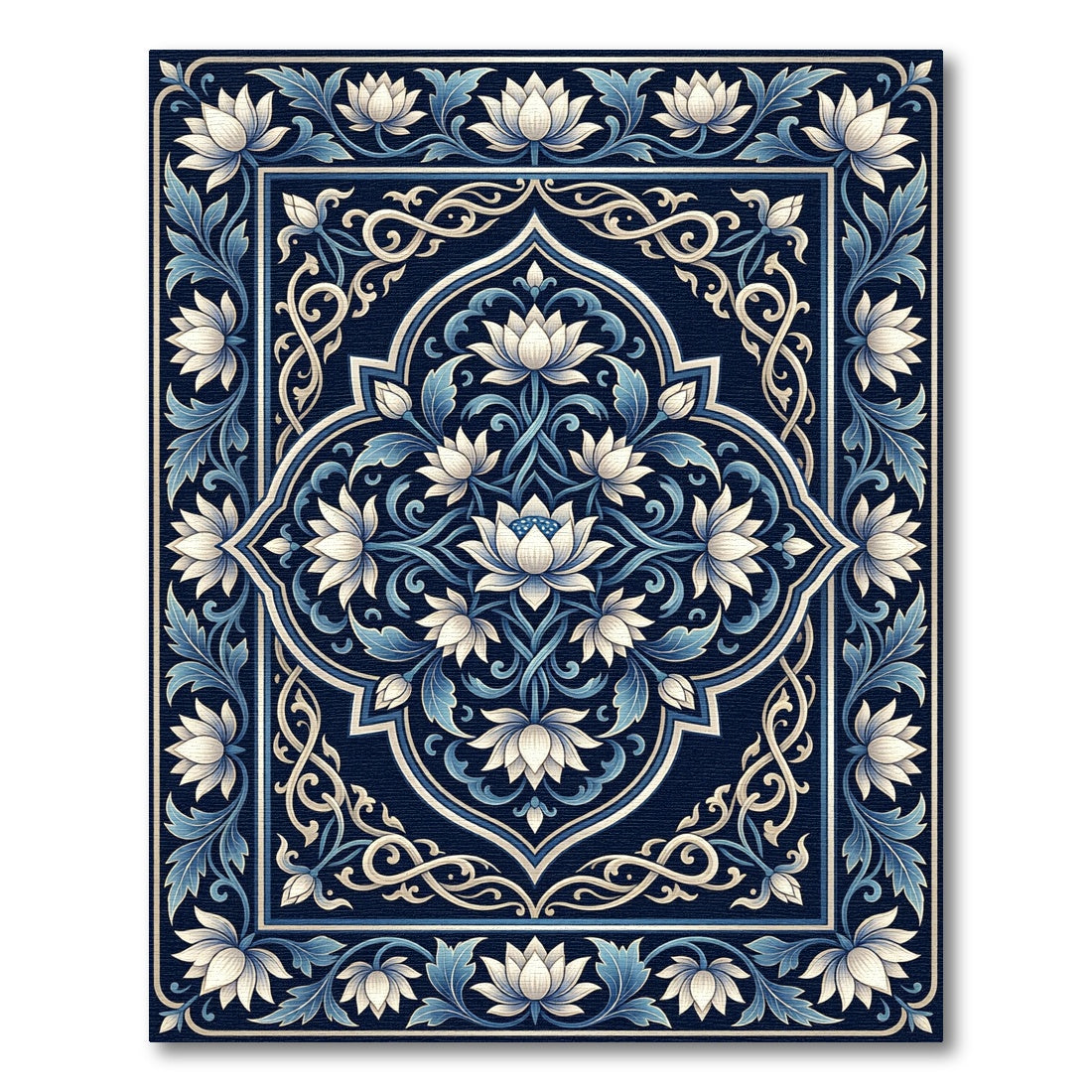 Ornate Blue Lotus Floral Medallion Rug