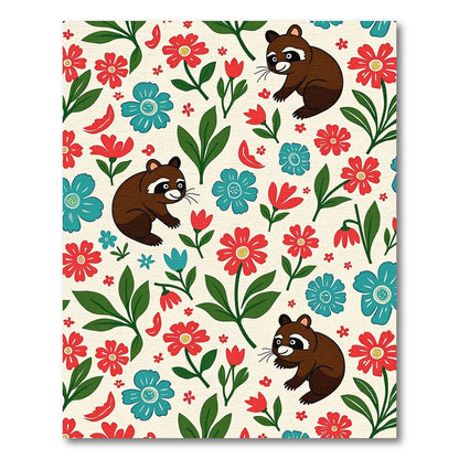 Playful Raccoon Floral Whimsical Garden Rug