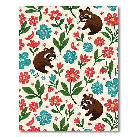 Playful Raccoon Floral Whimsical Garden Rug