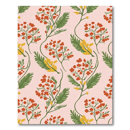 Red Berry Green Fern Botanical Pattern Rug