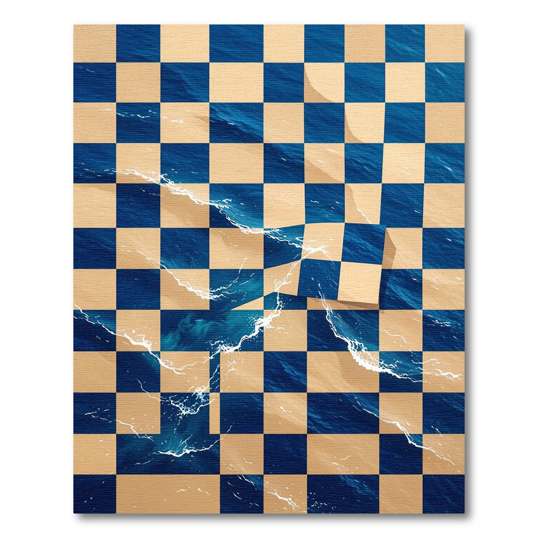 Abstract Ocean Wave Checkerboard Navy Sand Rug