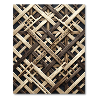 Interlocking Wood Tone Geometric Lattice Rug