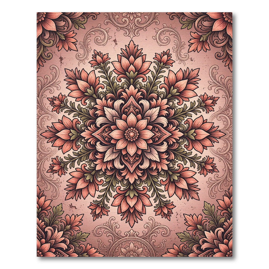 Coral Pink Floral Mandala Medallion Rug