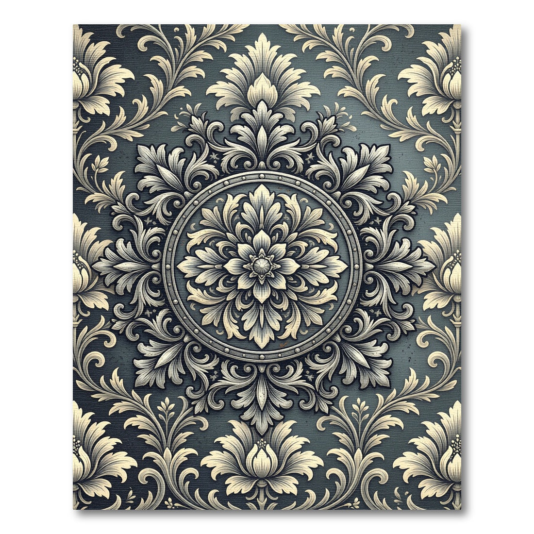 Ornate Slate Gray Damask Medallion Rug