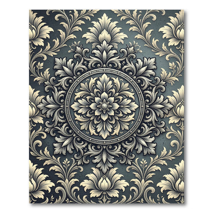 Ornate Slate Gray Damask Medallion Rug