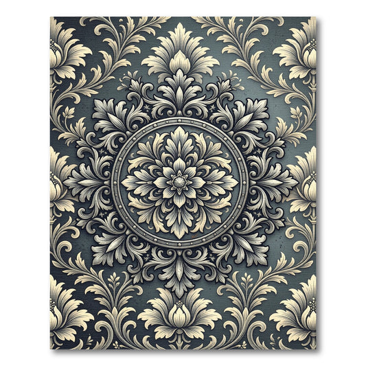 Ornate Slate Gray Damask Medallion Rug