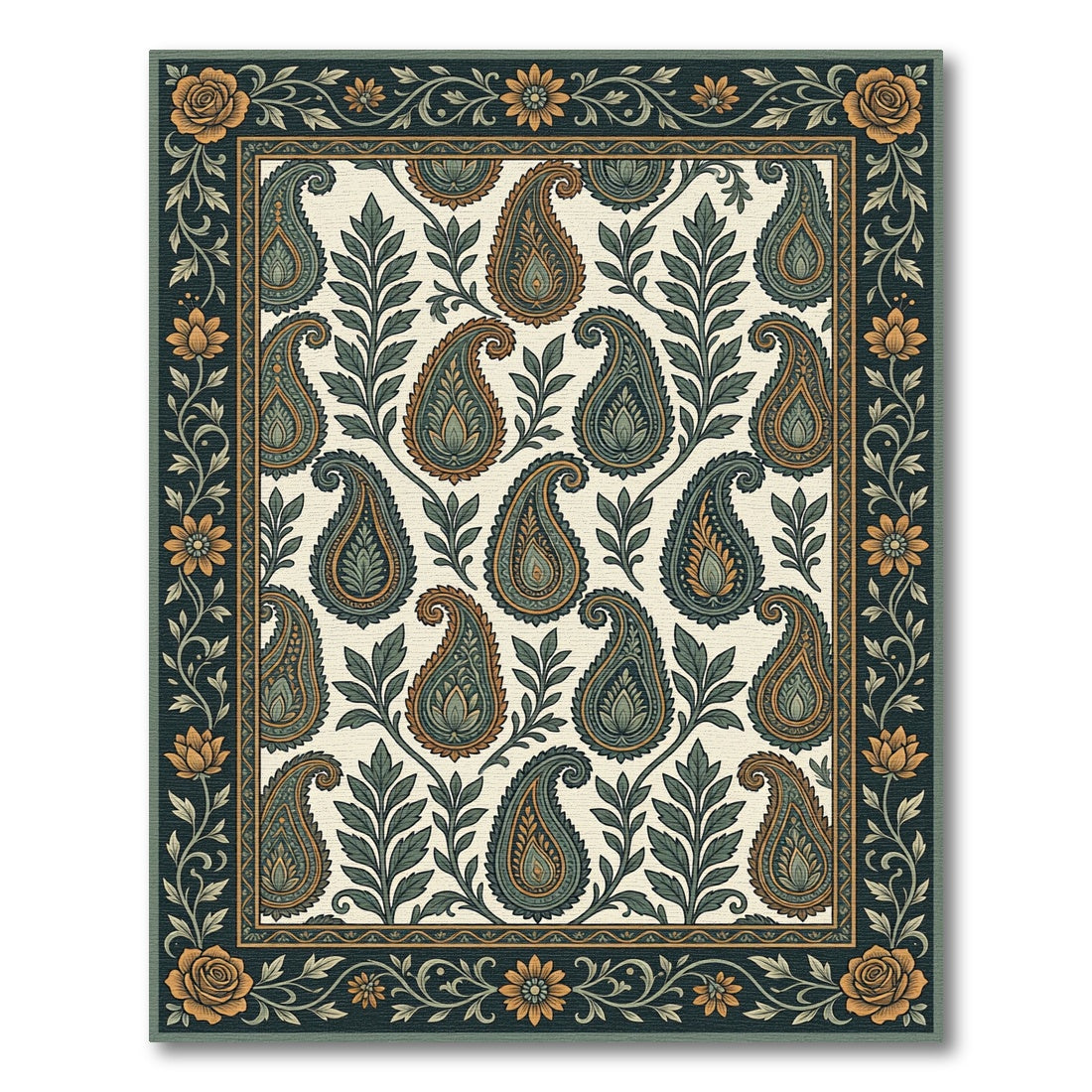 Emerald Teal Paisley Floral Border Rug