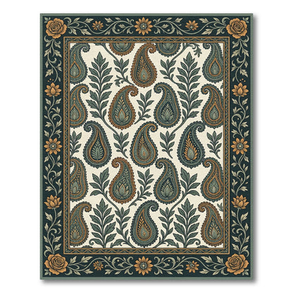 Emerald Teal Paisley Floral Border Rug