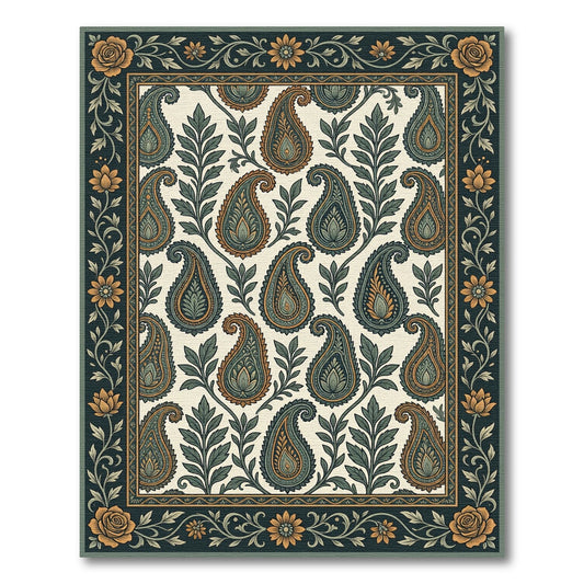Emerald Teal Paisley Floral Border Rug