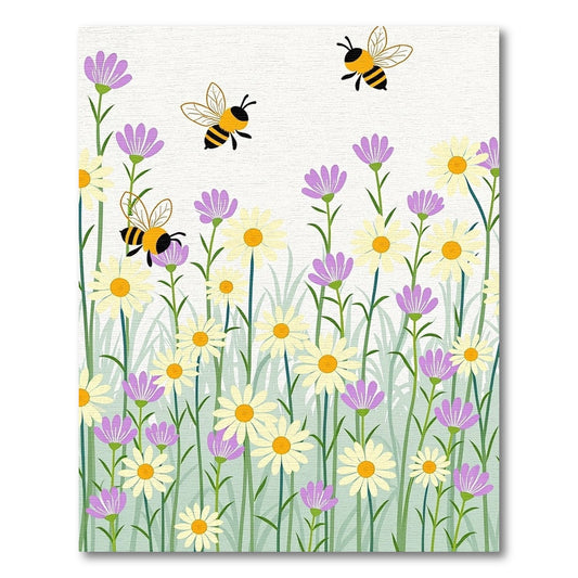 Whimsical Bees Daisies Purple Flowers Meadow Rug