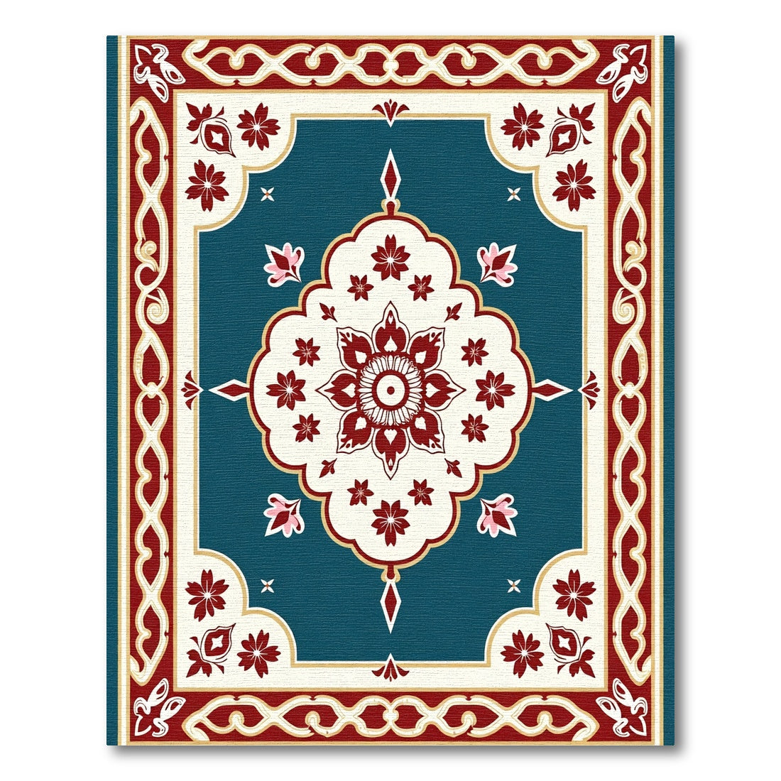 Deep Teal Red Floral Medallion Rug