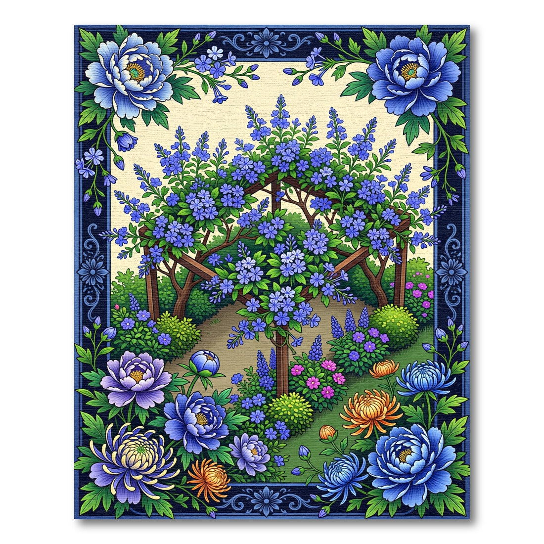 Botanical Blue Peony Garden Trellis Rug