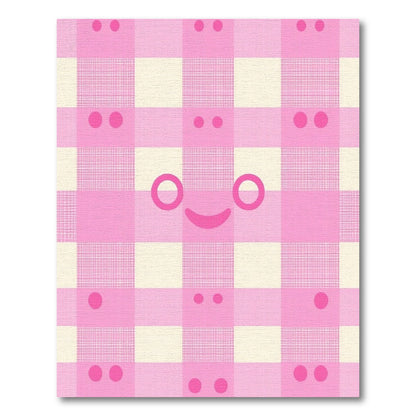 Pink White Gingham Kawaii Faces Rug