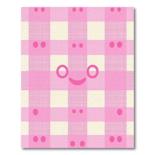 Pink White Gingham Kawaii Faces Rug