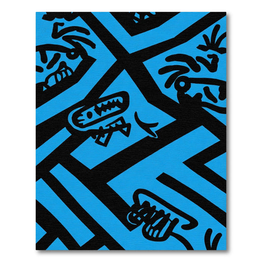 Bold Blue Black Cartoon Creature Rug
