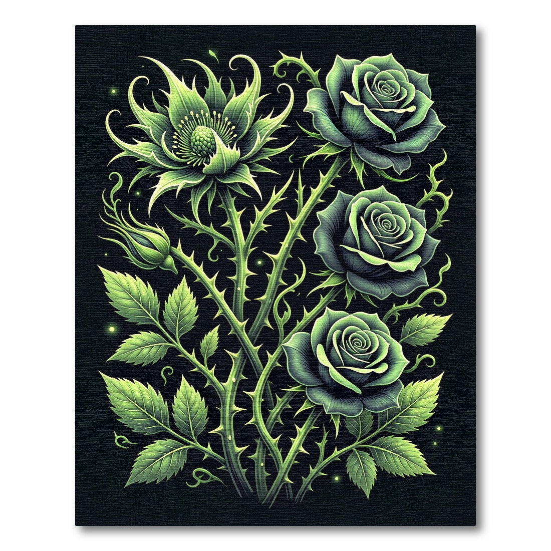 Gothic Green Rose and Thistle Botanical Rug