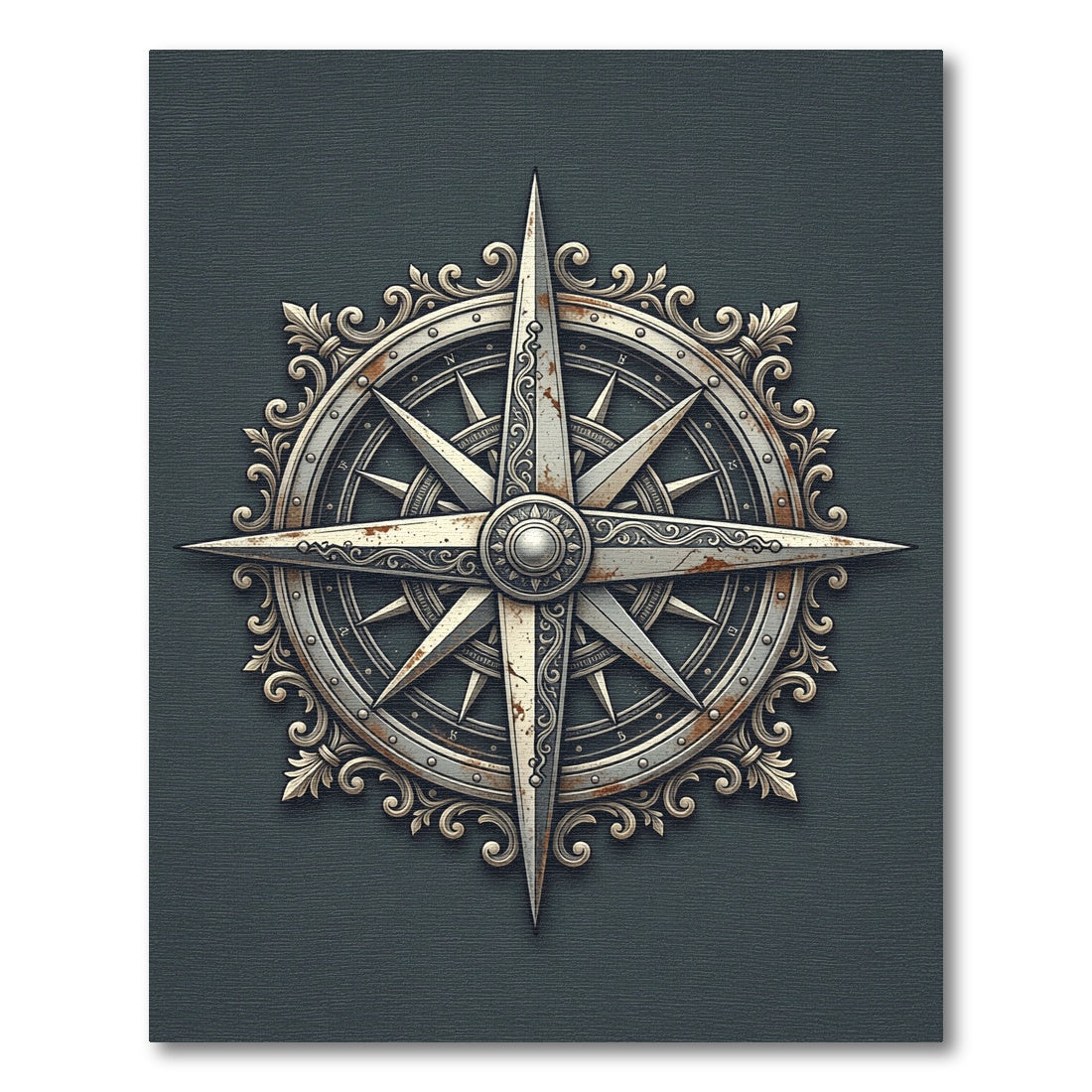 Ornate Metallic Compass Rose Medallion Rug