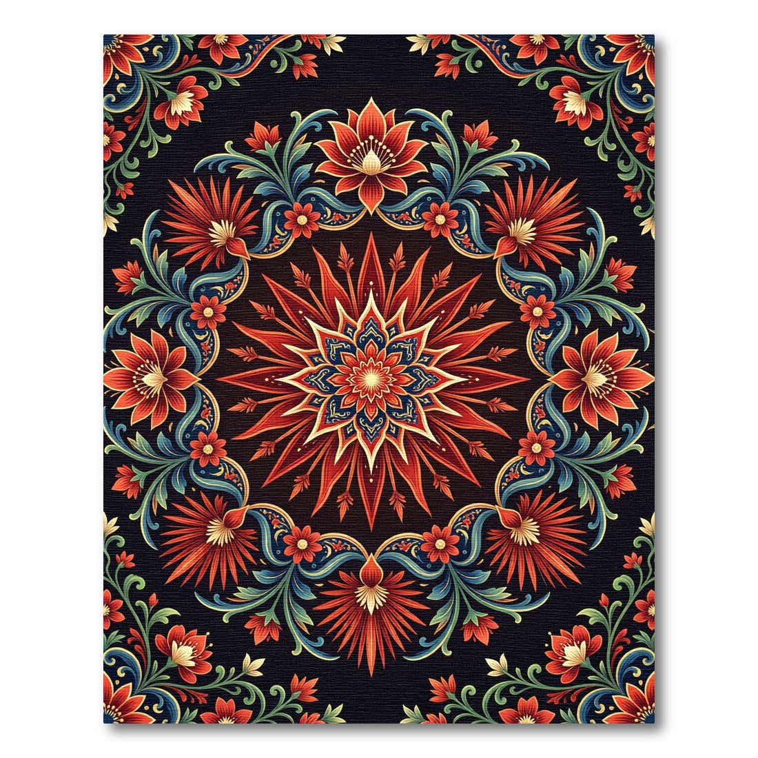 Vibrant Crimson Floral Mandala Medallion Rug