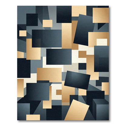 Modern Geometric Gold and Navy Blocks Rug