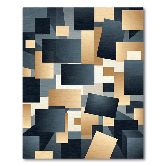 Modern Geometric Gold and Navy Blocks Rug