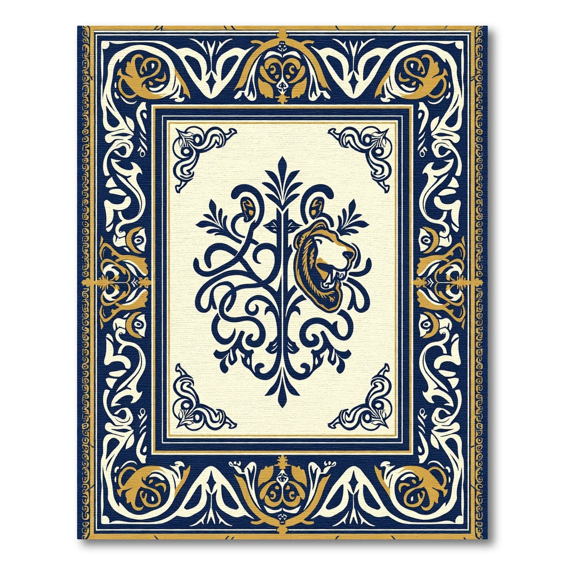 Navy Gold Lion Crest Border Rug