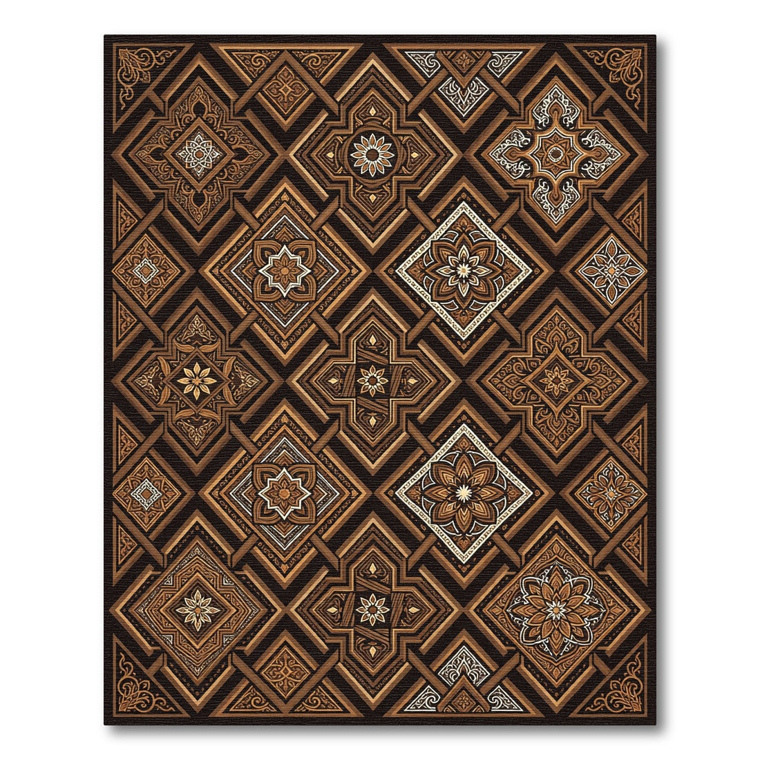 Ornate Brown Geometric Medallion Repeat Rug