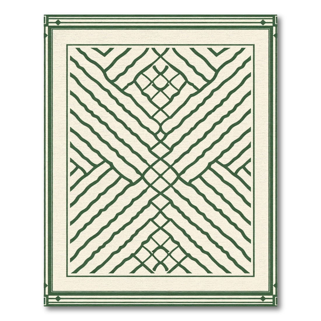 Cream and Green Intersecting Lines Border Rug