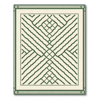 Cream and Green Intersecting Lines Border Rug
