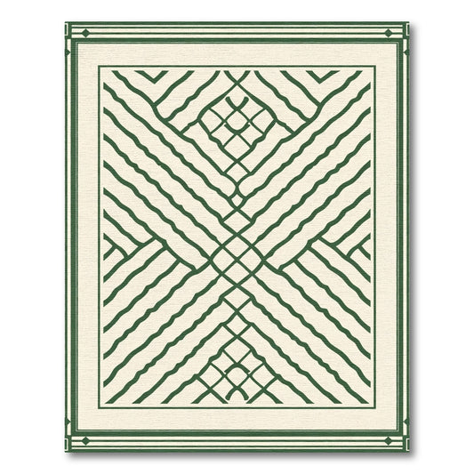 Cream and Green Intersecting Lines Border Rug