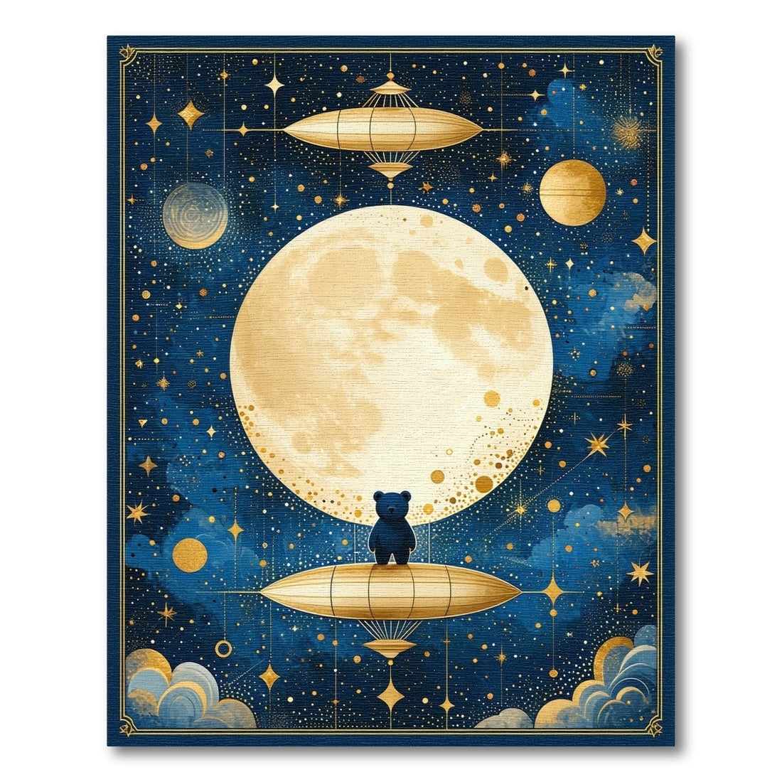 Navy Starry Golden Moon Bear Airship Rug