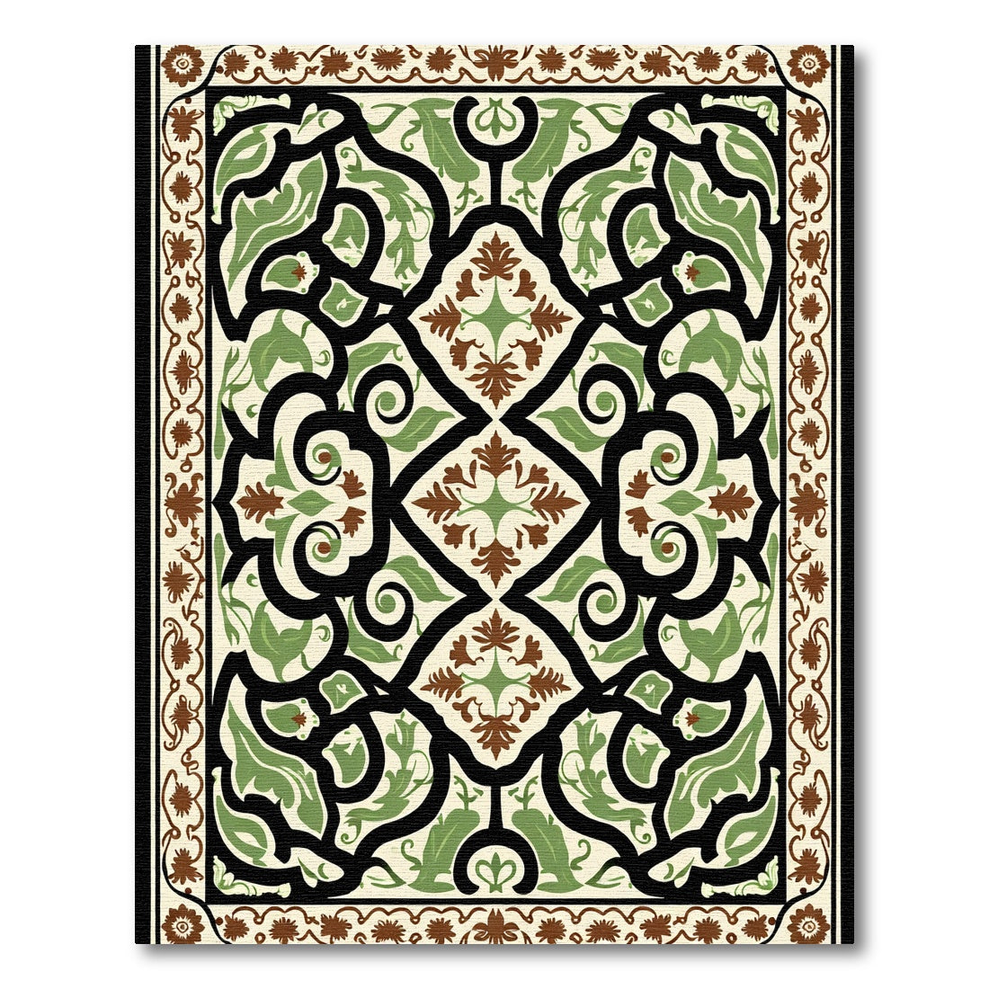 Cream Brown Green Scrollwork Medallion Rug