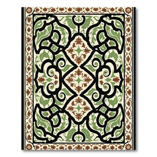 Cream Brown Green Scrollwork Medallion Rug