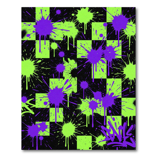Neon Graffiti Splatter Checkerboard Rug