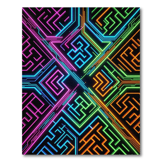Neon Geometric Cyber Circuit Maze Rug