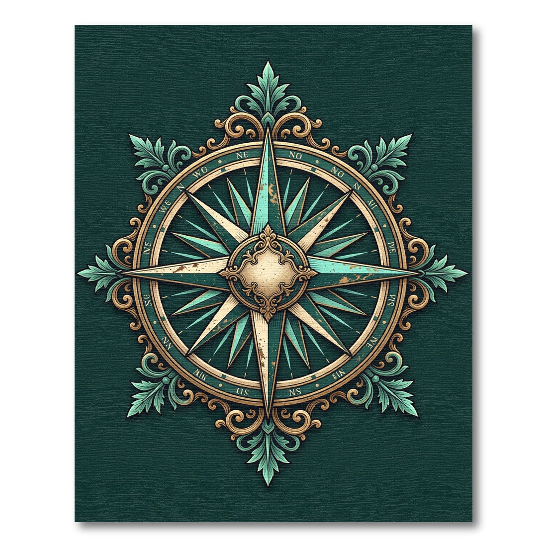 Ornate Teal and Gold Compass Medallion Rug