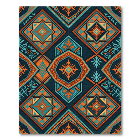 Ornate Teal Orange Geometric Medallion Rug