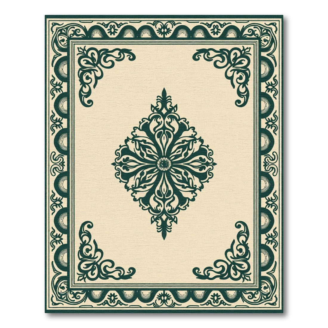 Elegant Cream Forest Green Medallion Rug