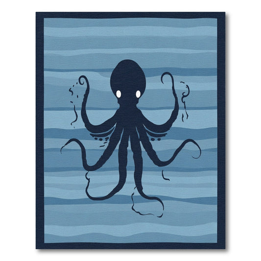 Deep Blue Silhouette Octopus Waves Rug
