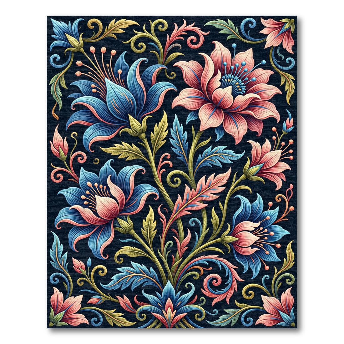 Vibrant Blue and Coral Floral Scroll Rug