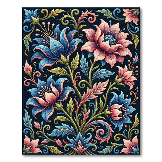 Vibrant Blue and Coral Floral Scroll Rug