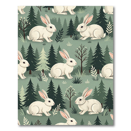 Whimsical White Bunny Forest Landscape Rug