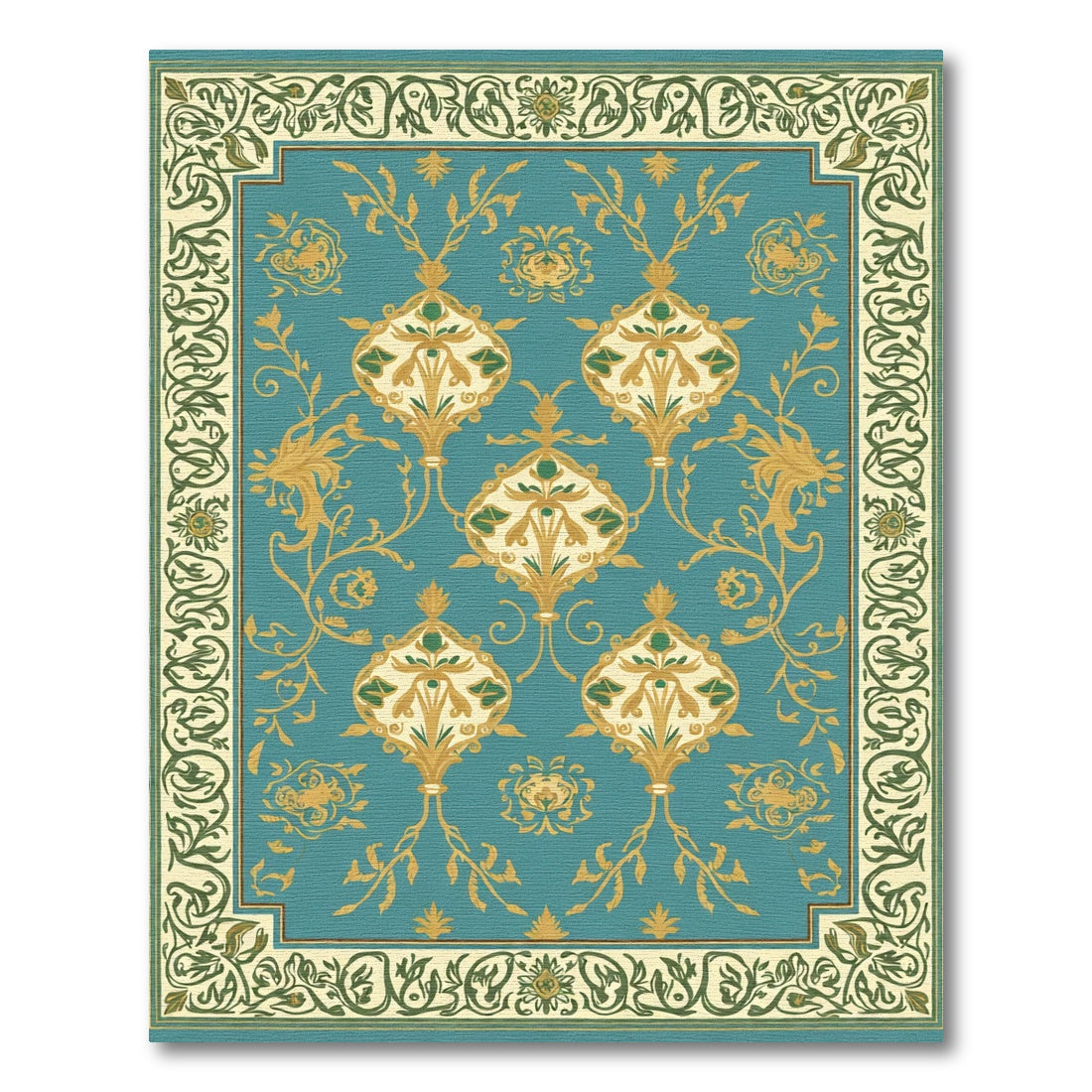 Teal Golden Floral Medallion Border Rug