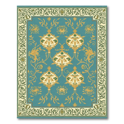 Teal Golden Floral Medallion Border Rug