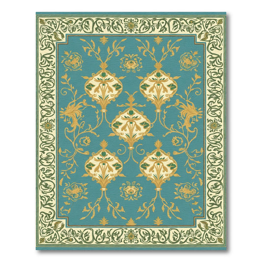 Teal Golden Floral Medallion Border Rug