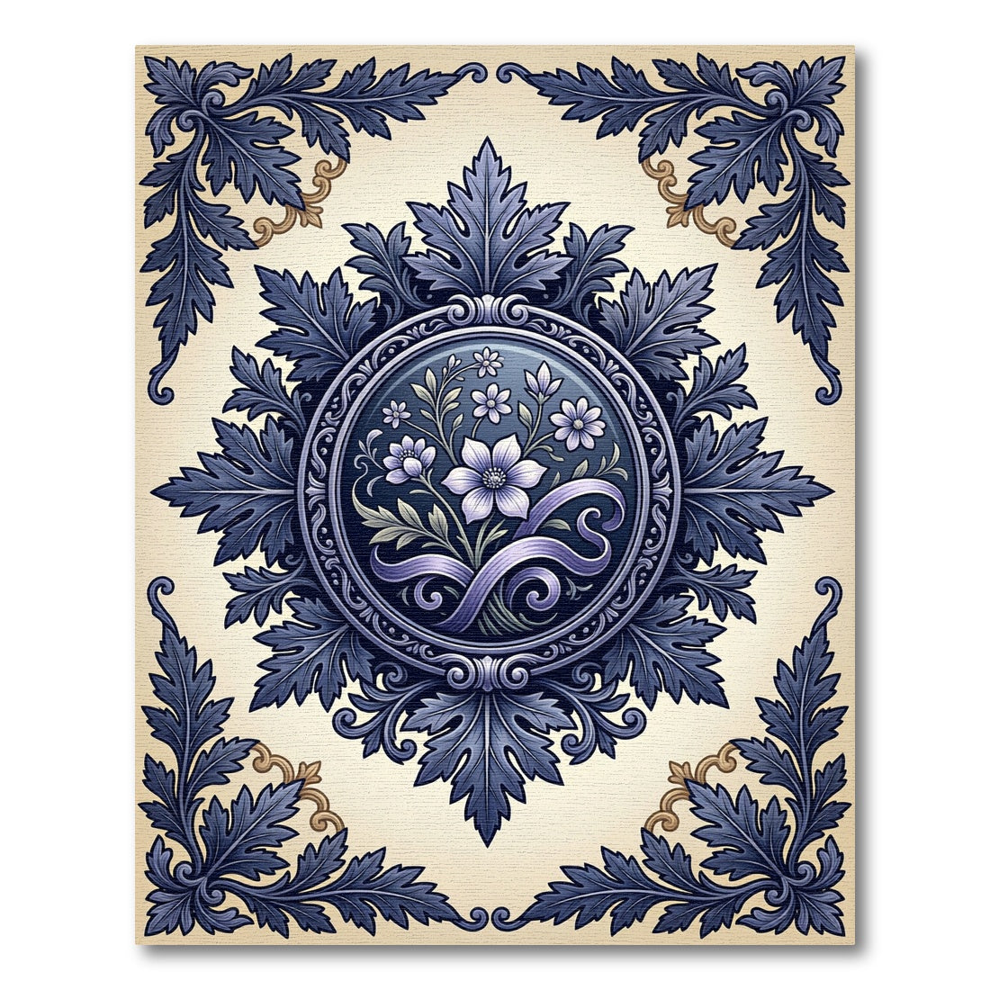 Deep Blue Floral Acanthus Scroll Medallion Rug