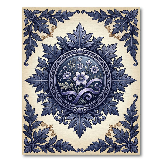 Deep Blue Floral Acanthus Scroll Medallion Rug