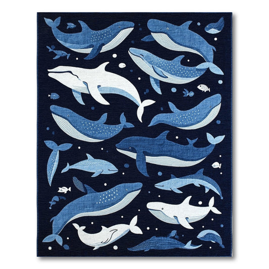 Whimsical Navy Whales and Fish Rug