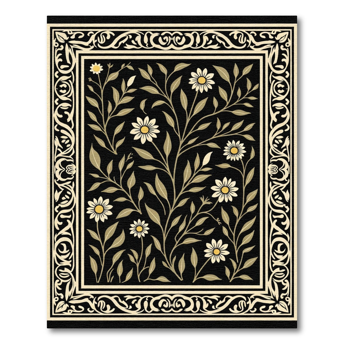 Floral Black Bordered Daisy Rug